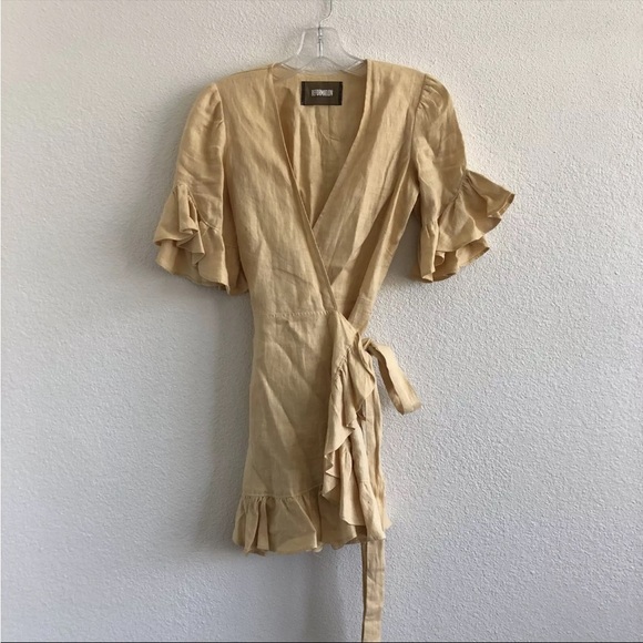 Reformation Kelsey Mini Wrap Dress Yellow 100% Linen - Picture 3 of 6